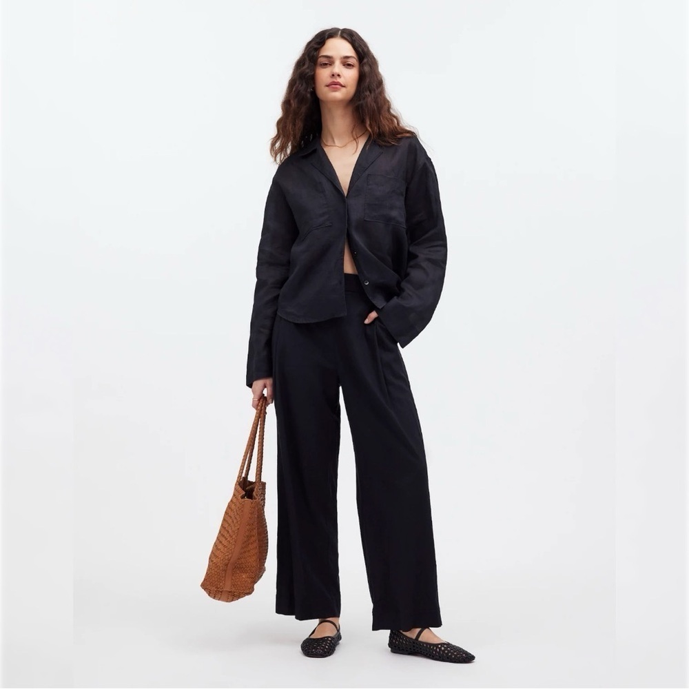 Madewell Pull On Straight Crop Pants Baggy Black Linen Blend Casual Minimalist 8